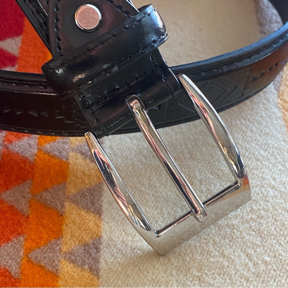 Canyon Sky Black Belt – Southwest Geometric Embossed – Silver Buckle – 44” Long - Picture 8 of 9